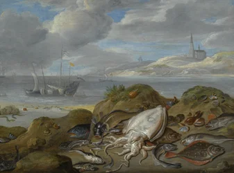 Still Life with Cuttlefish, Plaice, Cod, Mussels and Other Fish on a Dune, a Church Across an Estuary Beyond